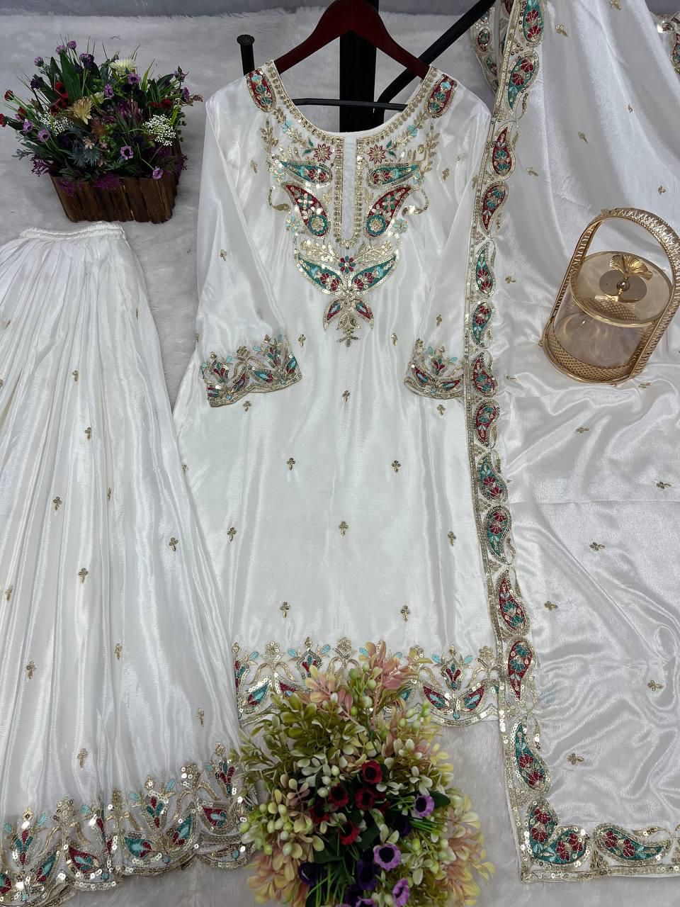 Elegant Chinon Silk Kurti Plazzo Set | Embroidery & Sequence Work