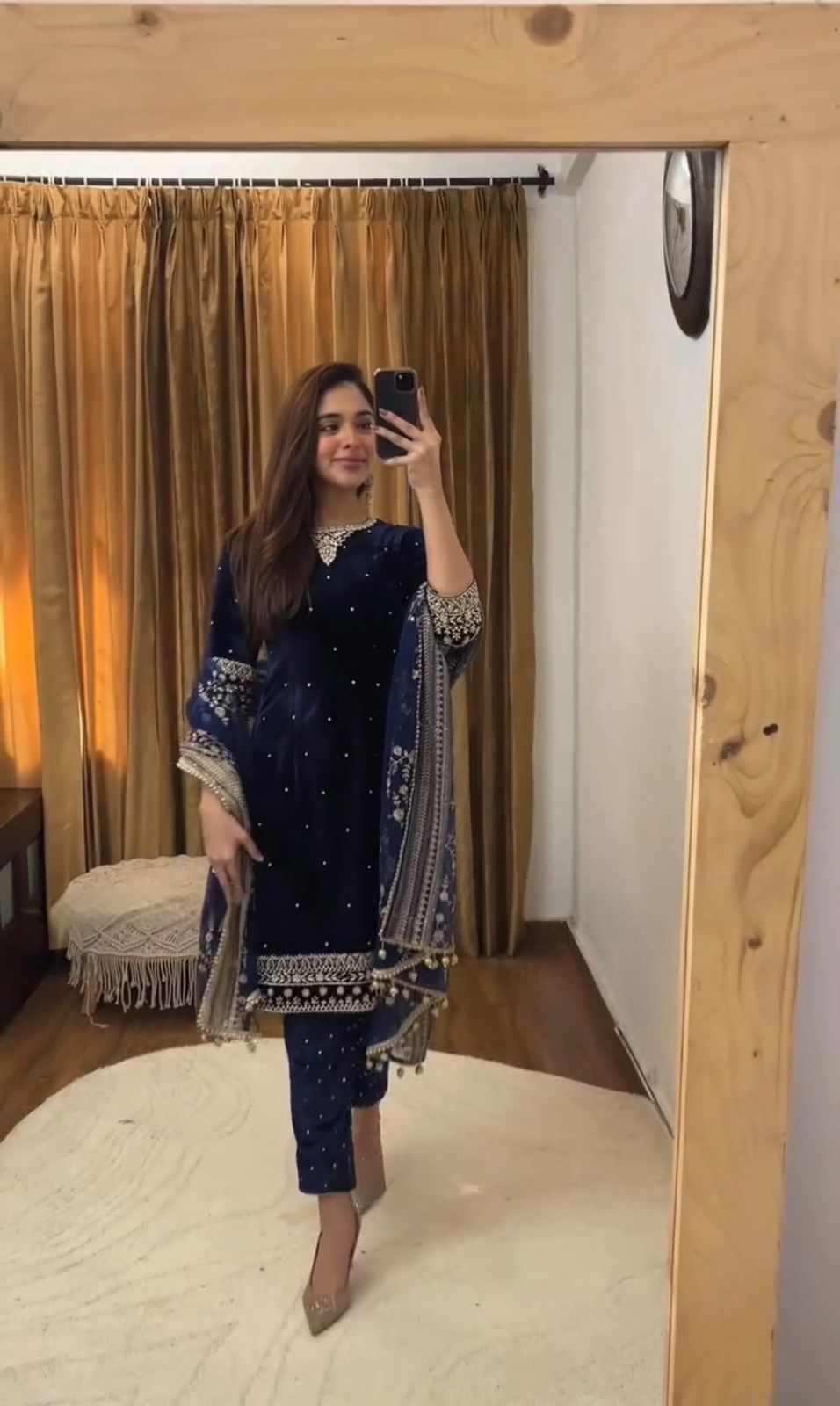 Women’s Winter Velvet Embroidered Blue Kurta and Pant Set with Dupatta