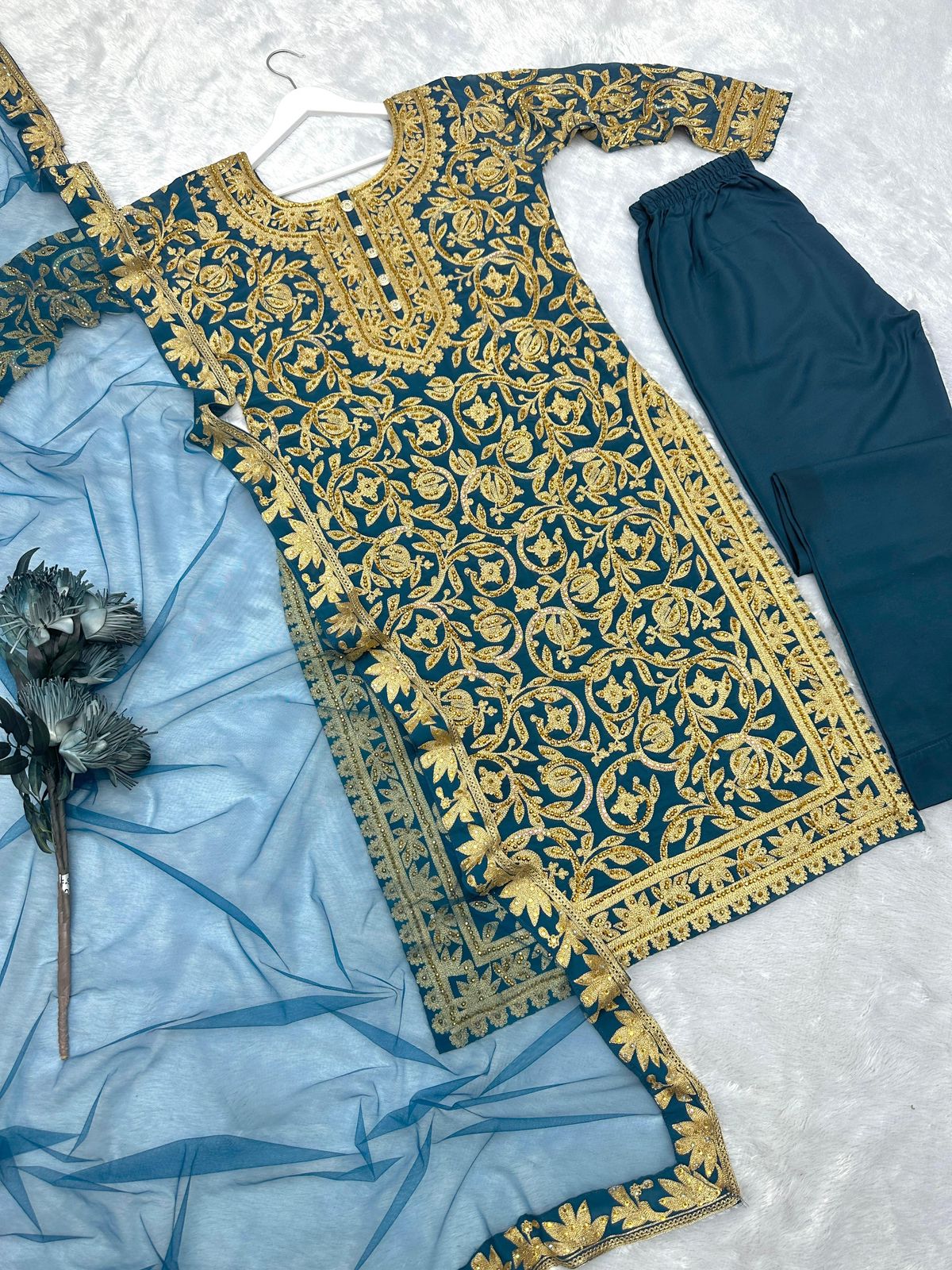 Eid Special 3-Piece Kurti Set – Embroidered Chinon Silk with Plazzo & Dupatta