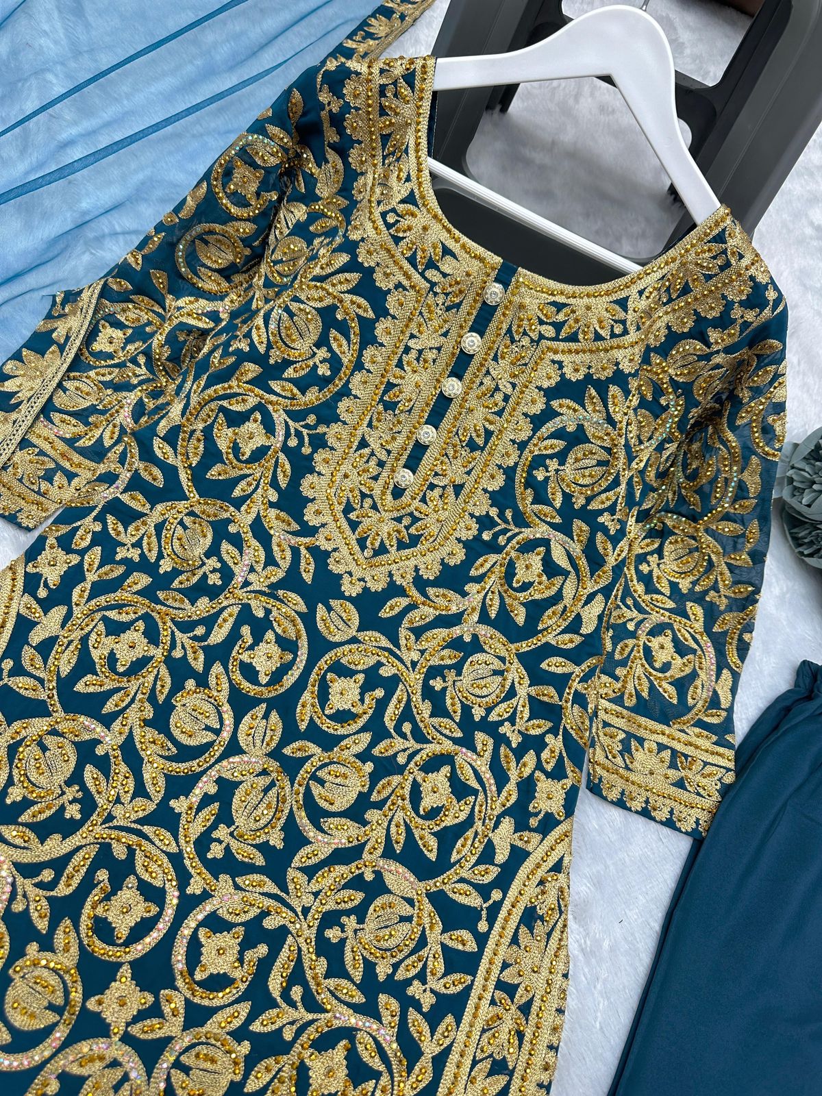 Eid Special 3-Piece Kurti Set – Embroidered Chinon Silk with Plazzo & Dupatta