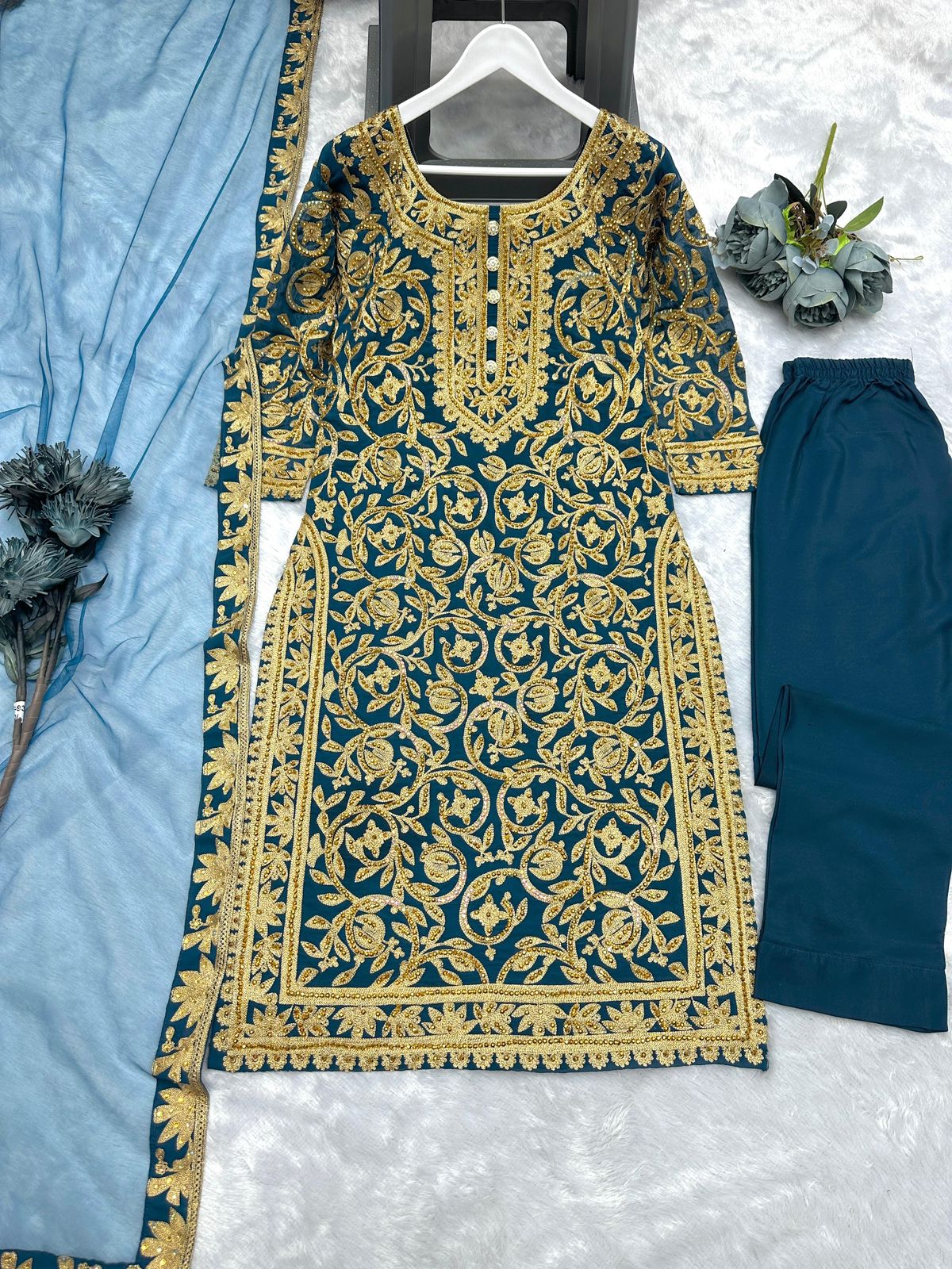 Eid Special 3-Piece Kurti Set – Embroidered Chinon Silk with Plazzo & Dupatta