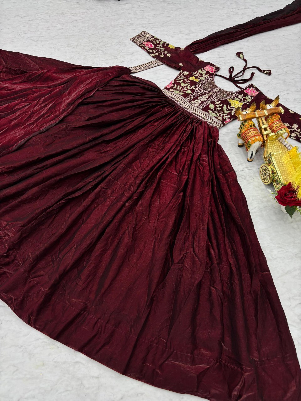 Wedding Special Fendy Silk Embroidered Long Gown Dupatta Set