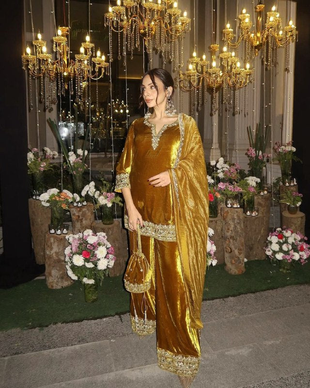 Premium Velvet Kurti & Palazzo Set With Dupatta – Heavy Sequins & Zari Embroidery