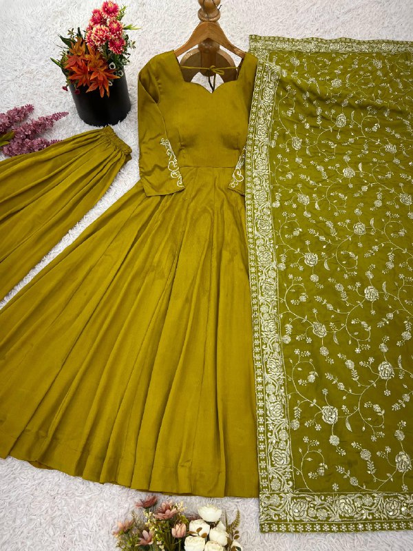 Elegant German Chiffon Fabric Embroidered Gown With Palazzo Set