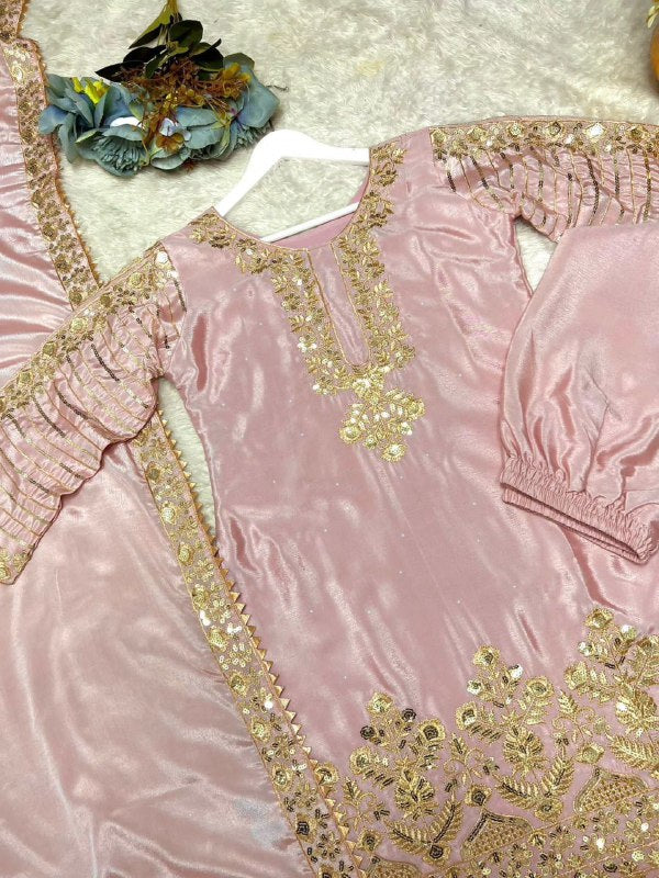 Three Piece Fancy Kurti, Palazzo & Dupatta Set With Pure Chinon Silk Fabric