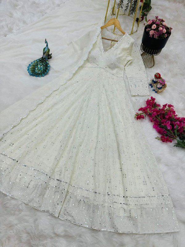 Designer Party Wear Off White Long Gown For Women, Pant & Dupatta Set