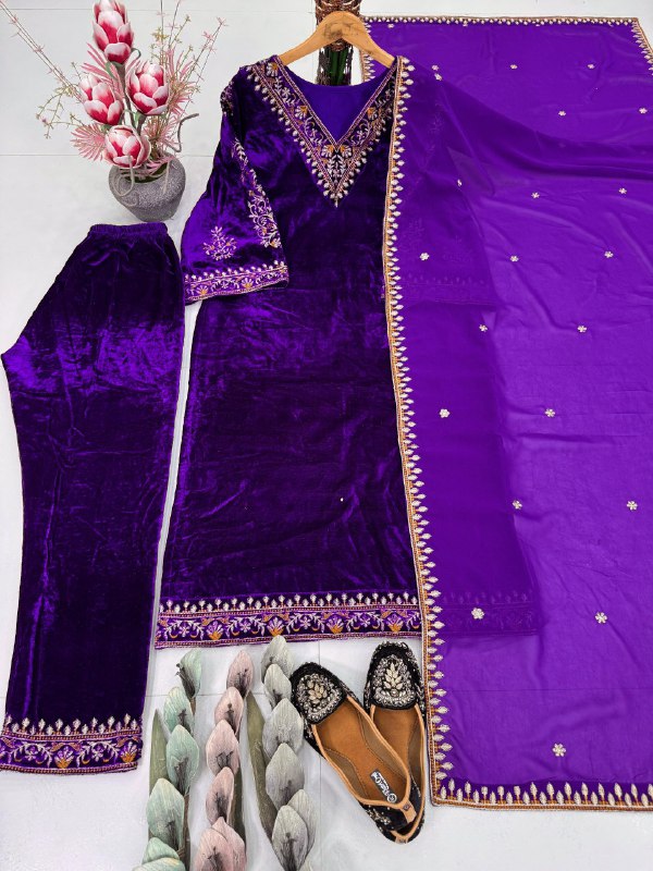 Heavy Velvet & Embroidery Work Purple Party Wear 3 Piece Suit Set For Women