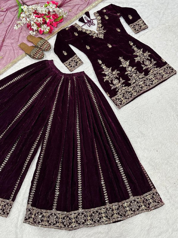 Heavy Viscose Velvet Party Wear Maroon Sharara Palazzo For Women