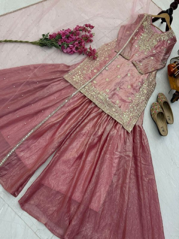 Designer Party Wear Pink Top Palazzo For Women With Dupatta Set