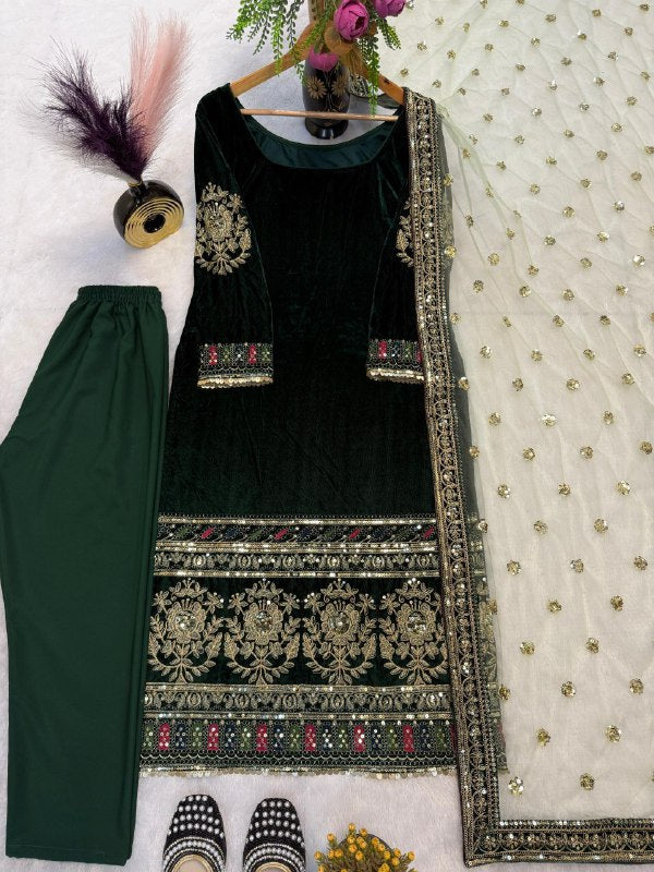 Party Wear Designer Set Black Viscose Velvet Suit For Women