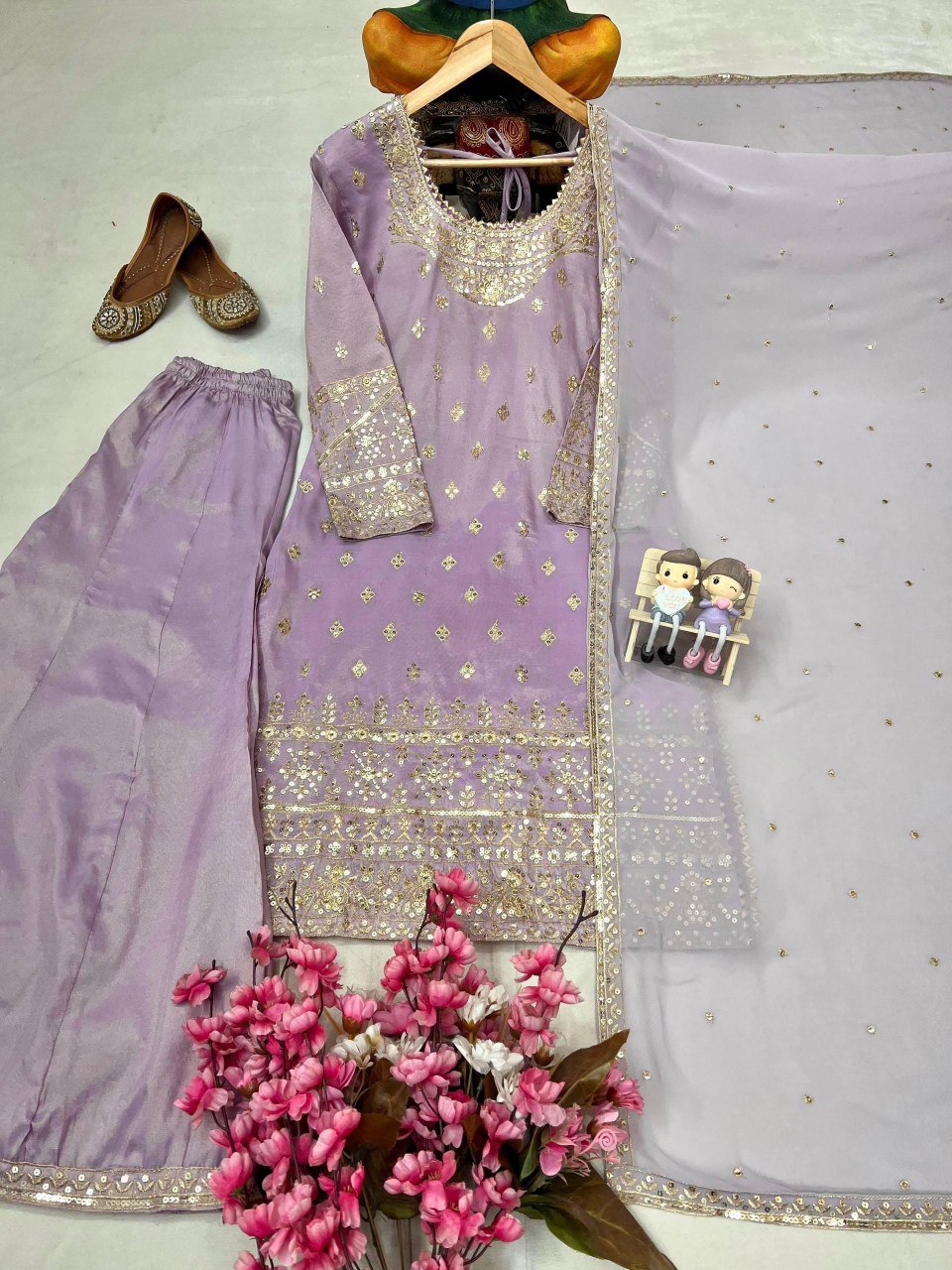 Premium Cosmos Simar Silk Purple Kurti Palazzo for Women with Dupatta Set