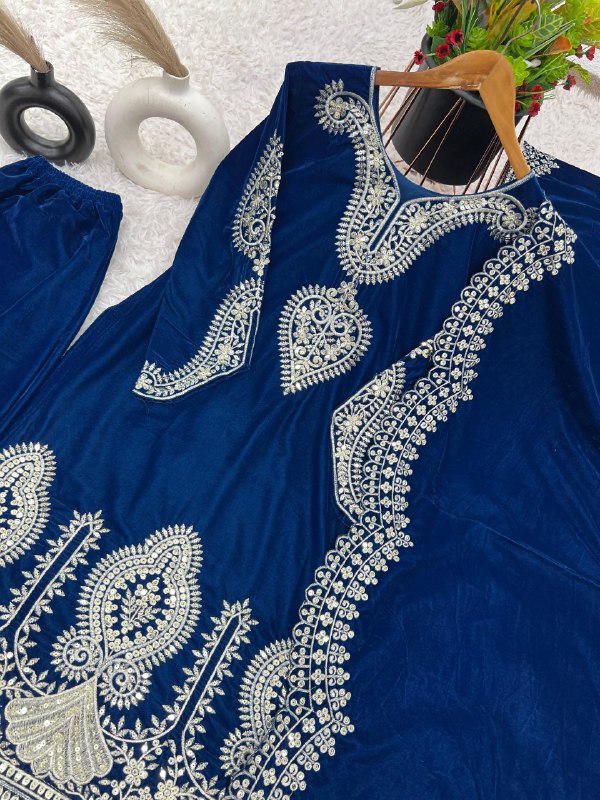 Heavy Viscose Party Wear Royal Blue Velvet Suit Set For Women With Dupatta