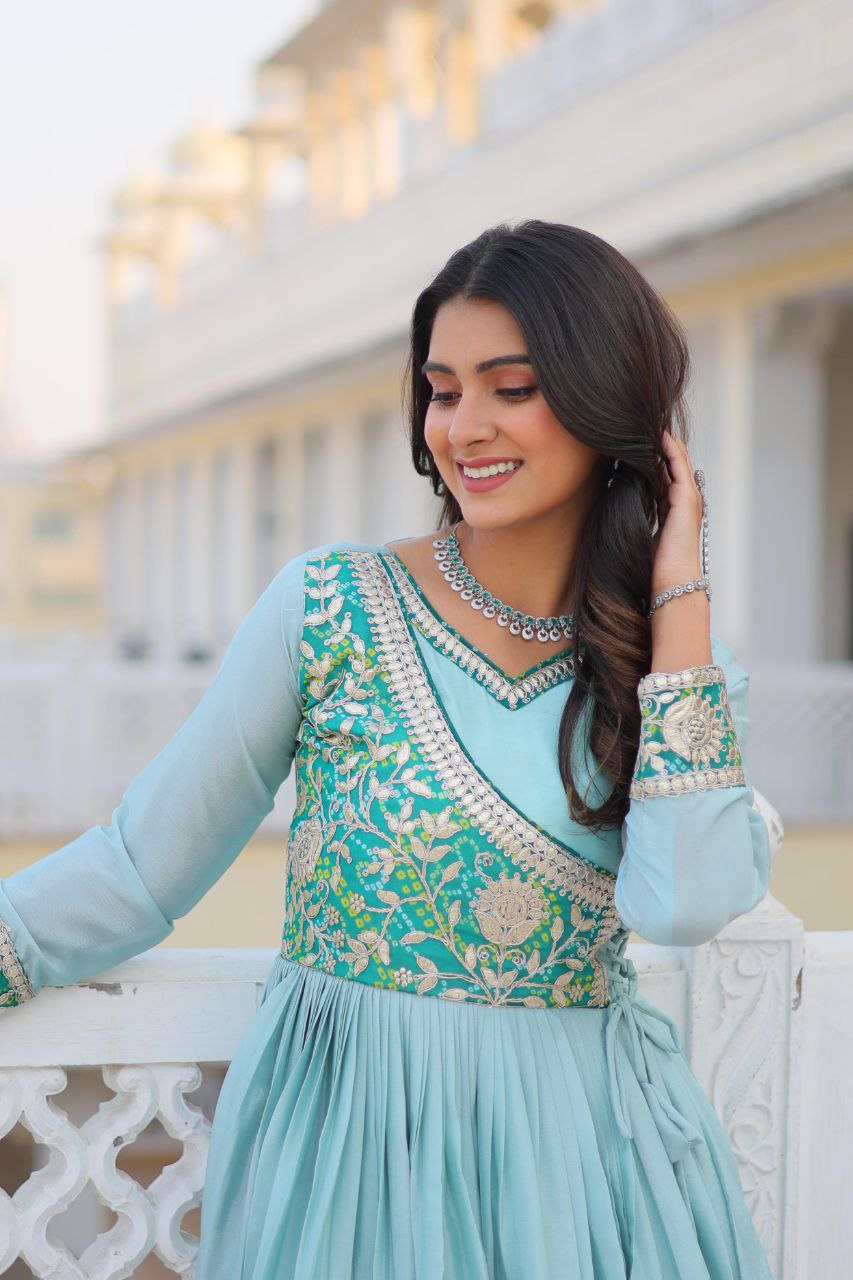 Grace Your Festive Celebrations with the Elegant Bandhej Long Gown Set