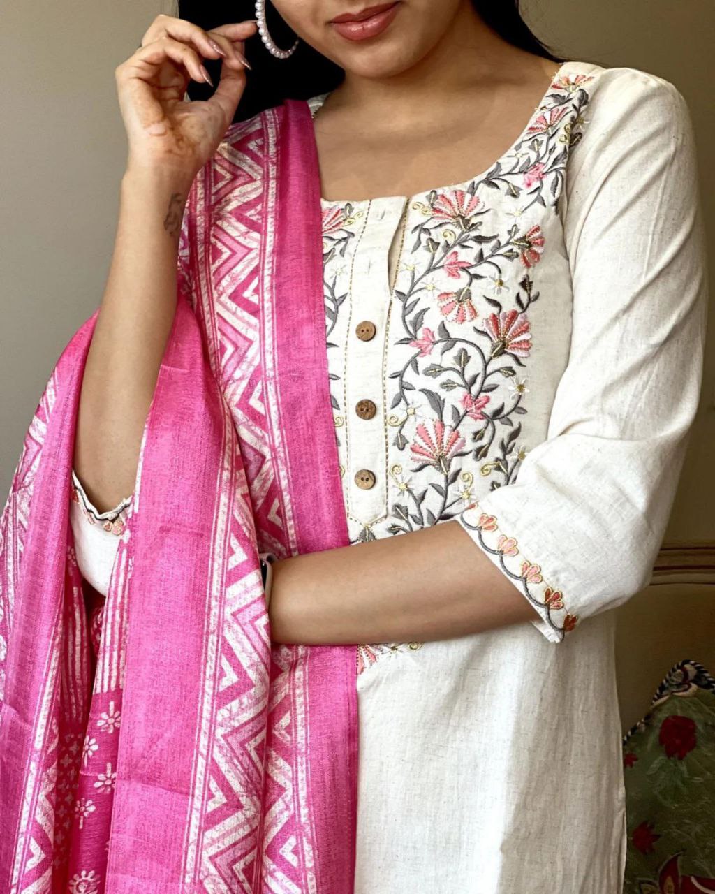 Elevate Your Style with Our Khadi Cotton Embroidery Suit & Khadi Silk Dupatta Set