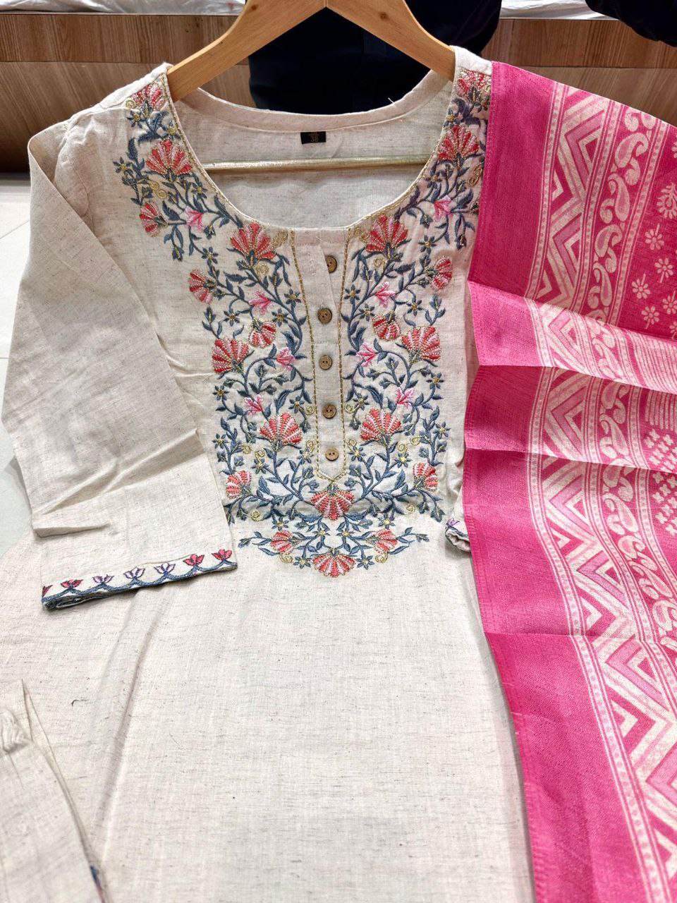 Elevate Your Style with Our Khadi Cotton Embroidery Suit & Khadi Silk Dupatta Set