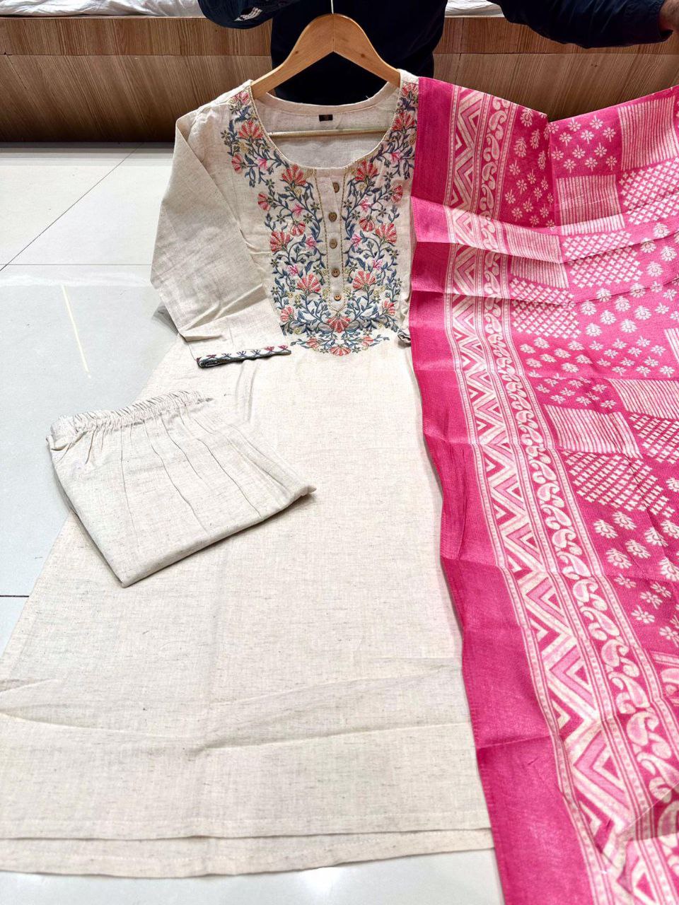 Elevate Your Style with Our Khadi Cotton Embroidery Suit & Khadi Silk Dupatta Set