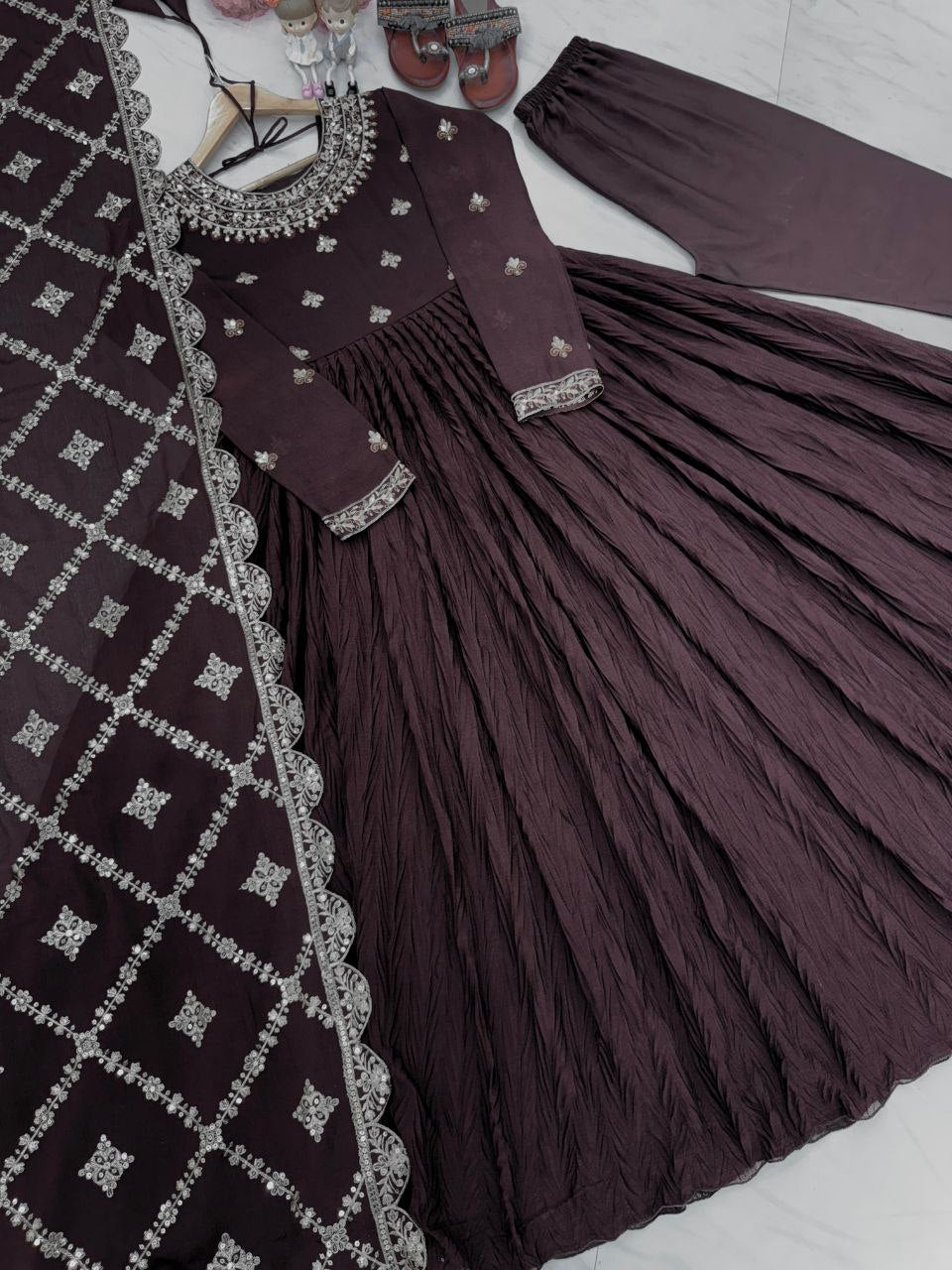 New Party Wear Look: Pur Crush Chinon Silk Fancy Gown, Dupatta & Bottom Set