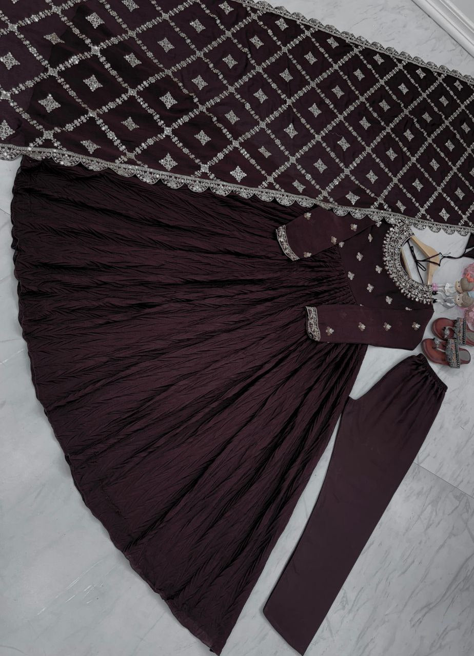 New Party Wear Look: Pur Crush Chinon Silk Fancy Gown, Dupatta & Bottom Set