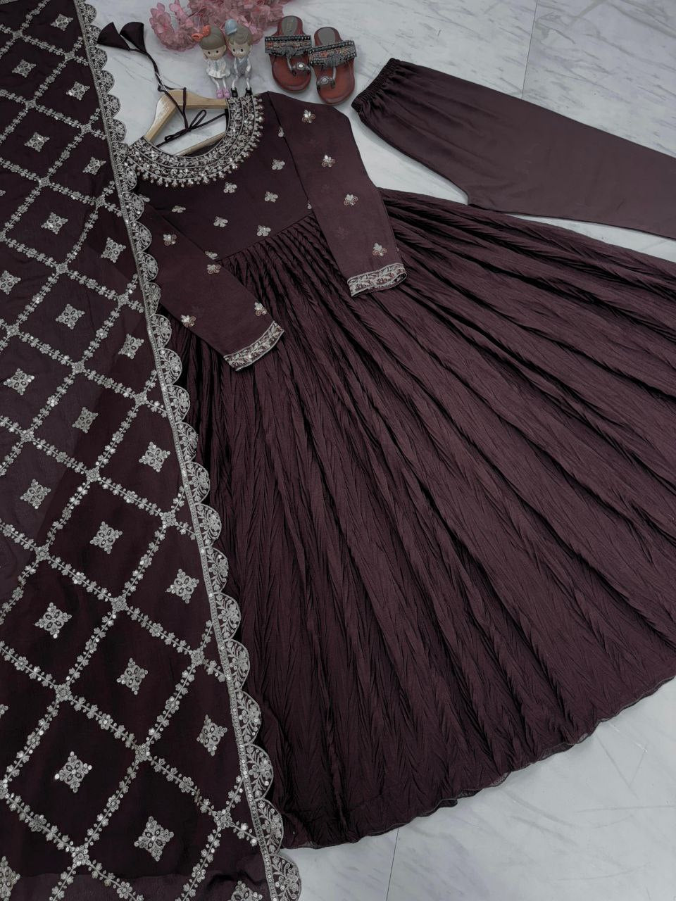 New Party Wear Look: Pur Crush Chinon Silk Fancy Gown, Dupatta & Bottom Set