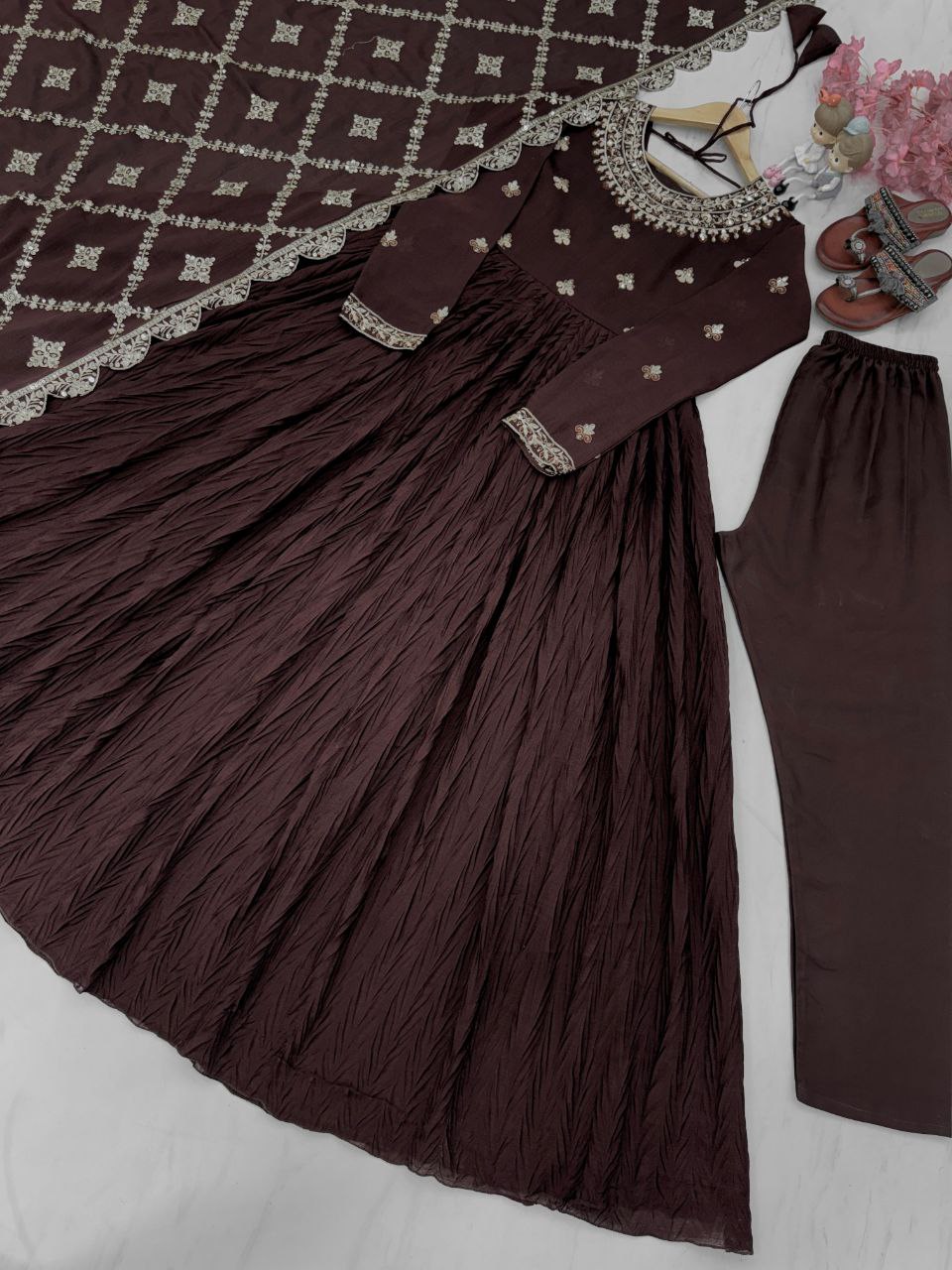 New Party Wear Look: Pur Crush Chinon Silk Fancy Gown, Dupatta & Bottom Set