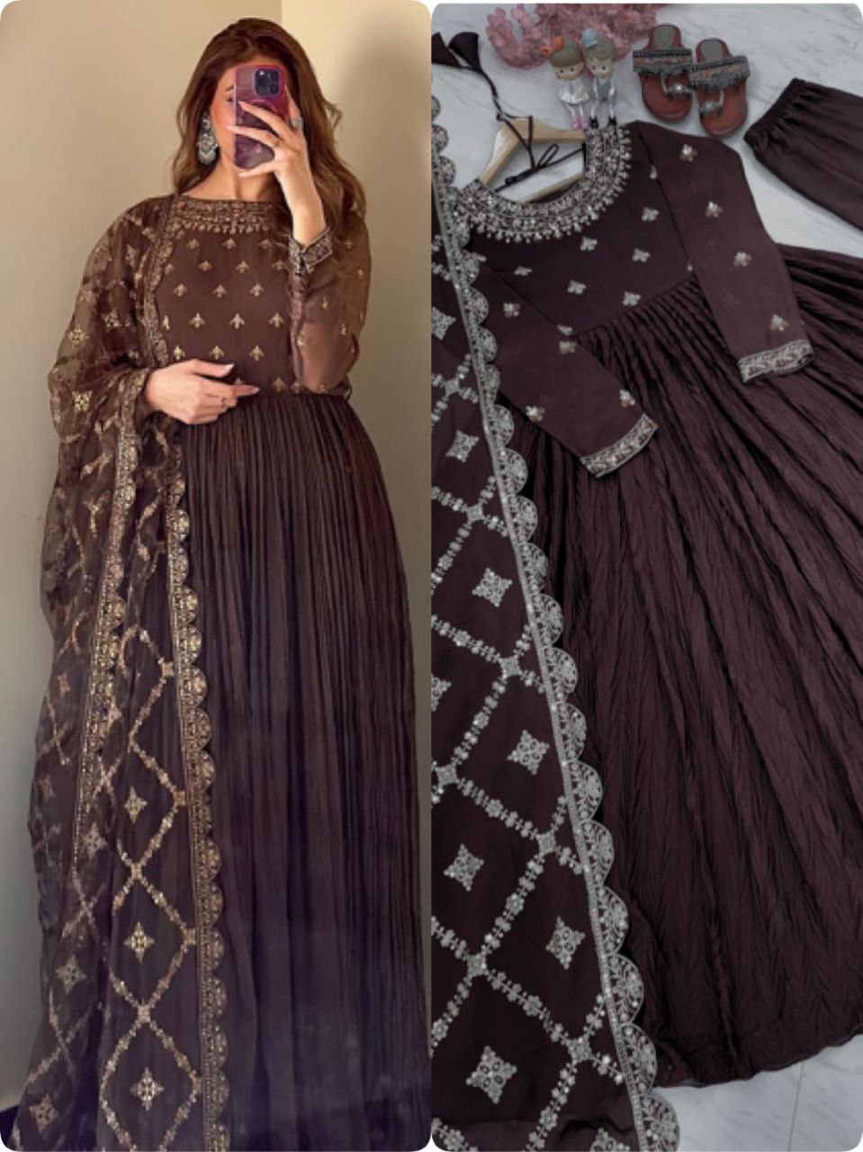 New Party Wear Look: Pur Crush Chinon Silk Fancy Gown, Dupatta & Bottom Set