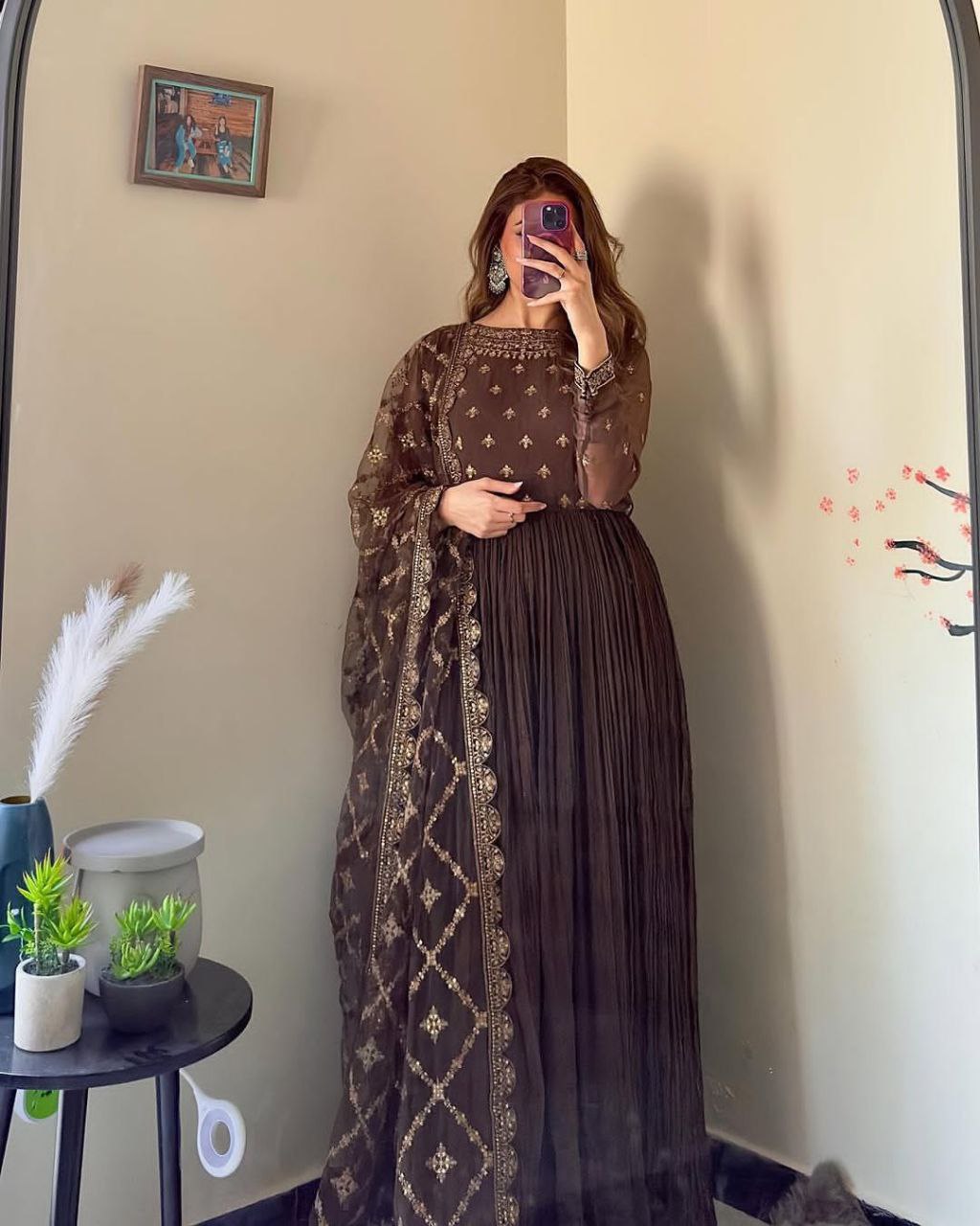 New Party Wear Look: Pur Crush Chinon Silk Fancy Gown, Dupatta & Bottom Set