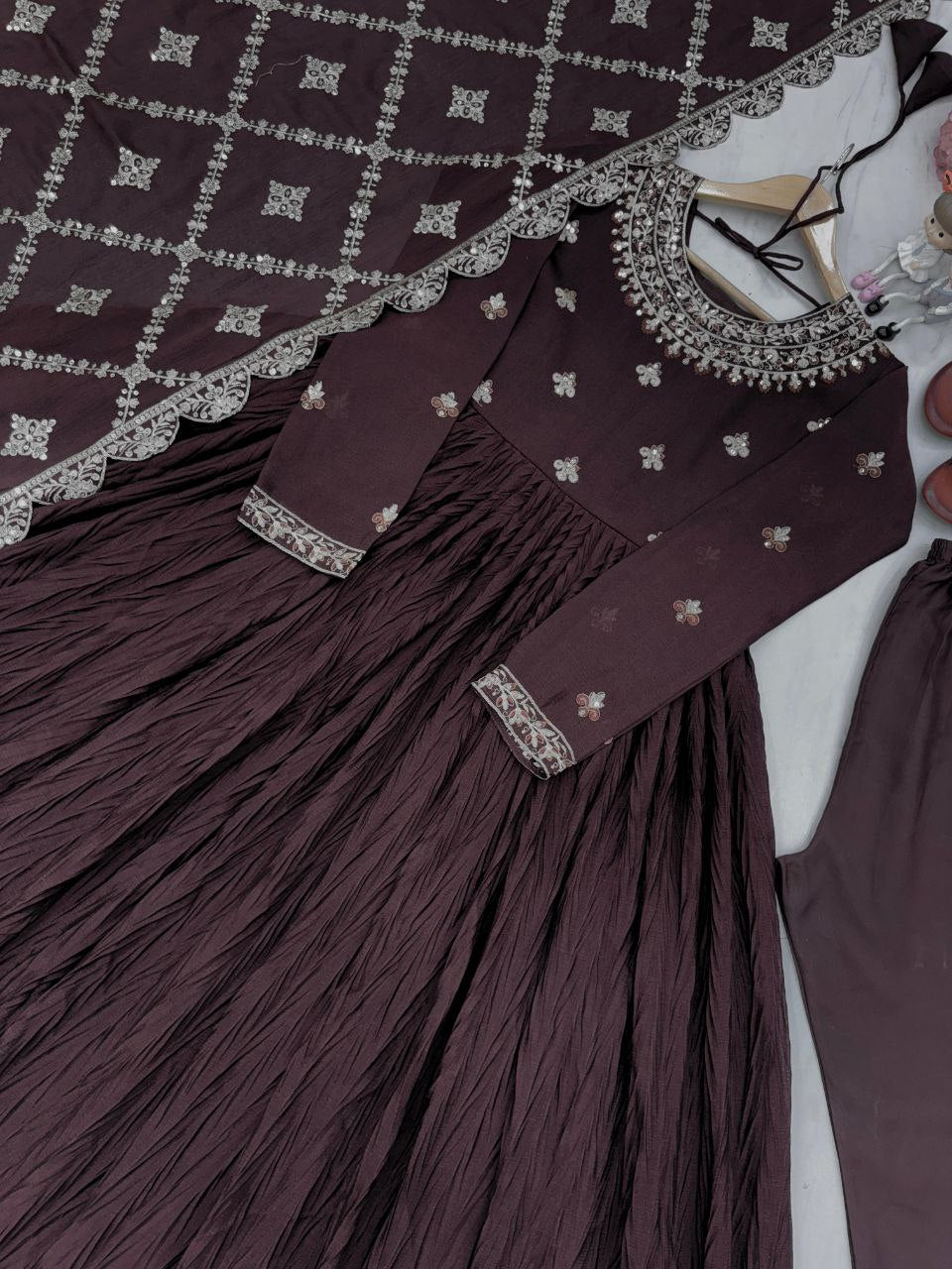 New Party Wear Look: Pur Crush Chinon Silk Fancy Gown, Dupatta & Bottom Set