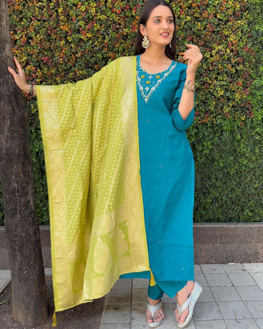 Shine Bright with Our Luxurious Designer Kurti, Pant & Dupatta Set!
