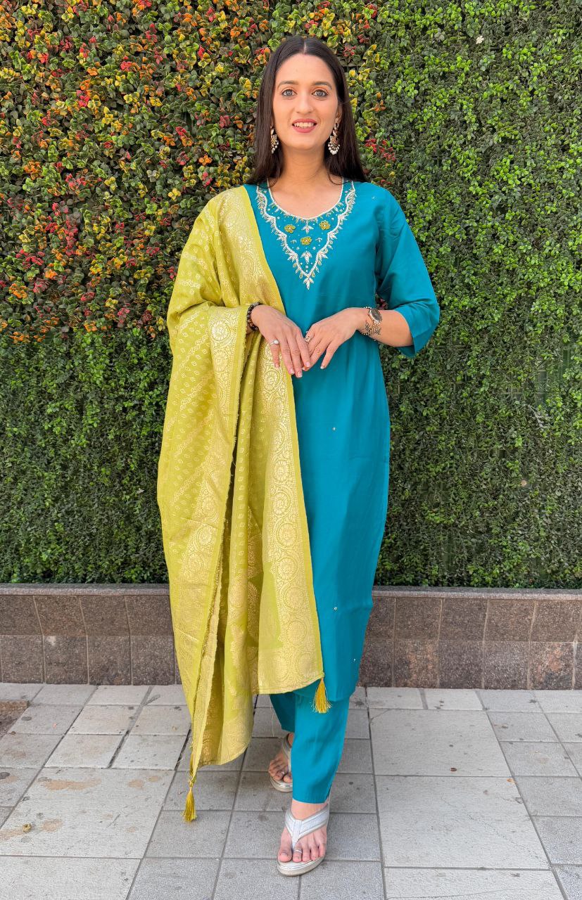 Shine Bright with Our Luxurious Designer Kurti, Pant & Dupatta Set!