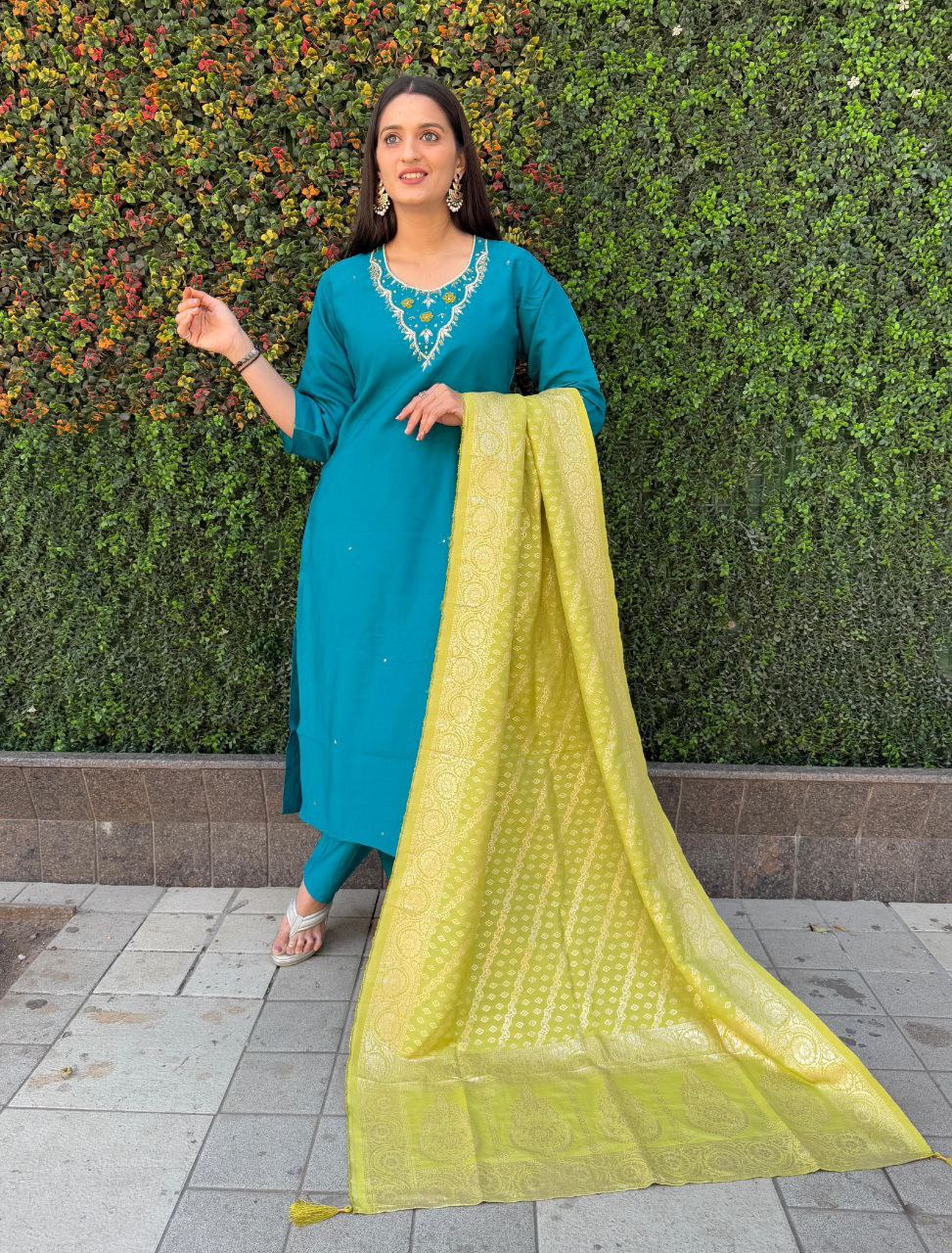 Shine Bright with Our Luxurious Designer Kurti, Pant & Dupatta Set!