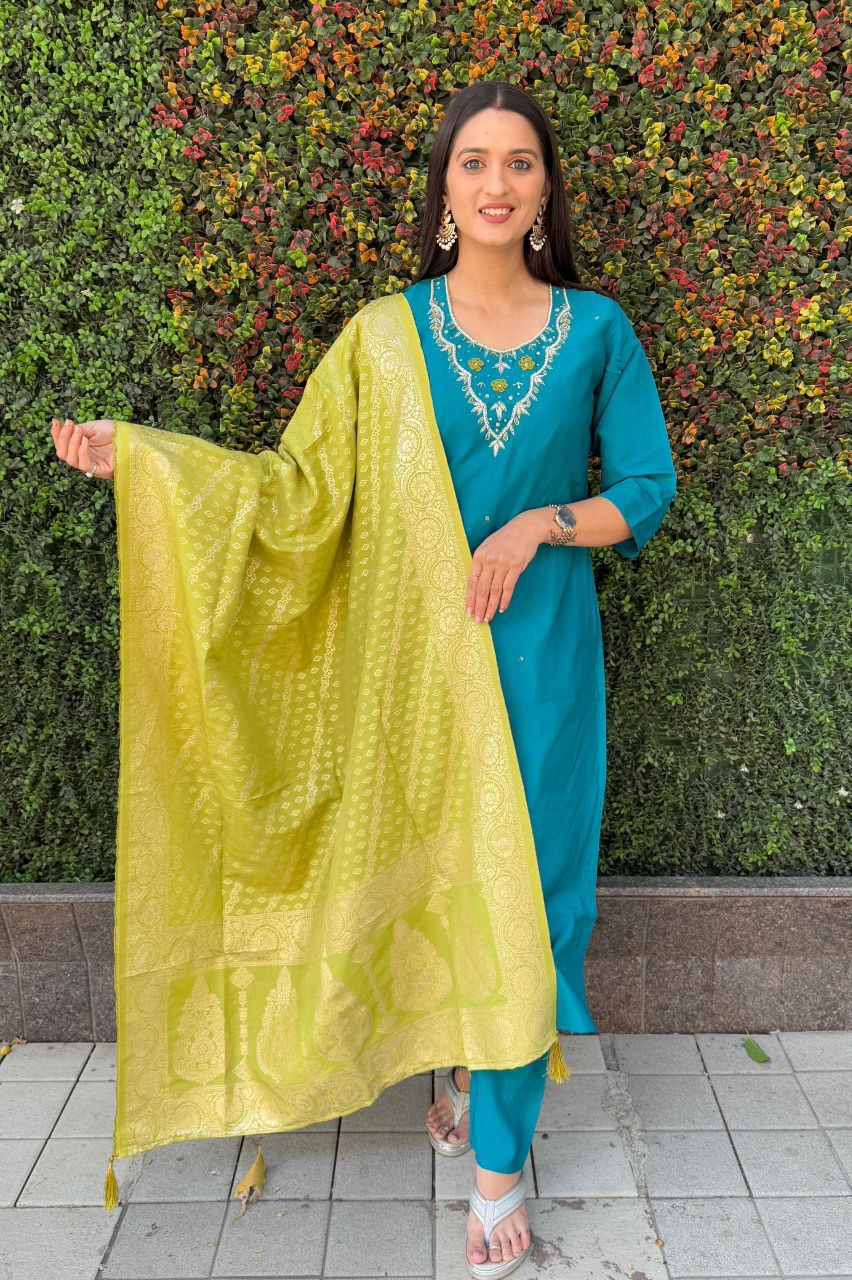 Shine Bright with Our Luxurious Designer Kurti, Pant & Dupatta Set!