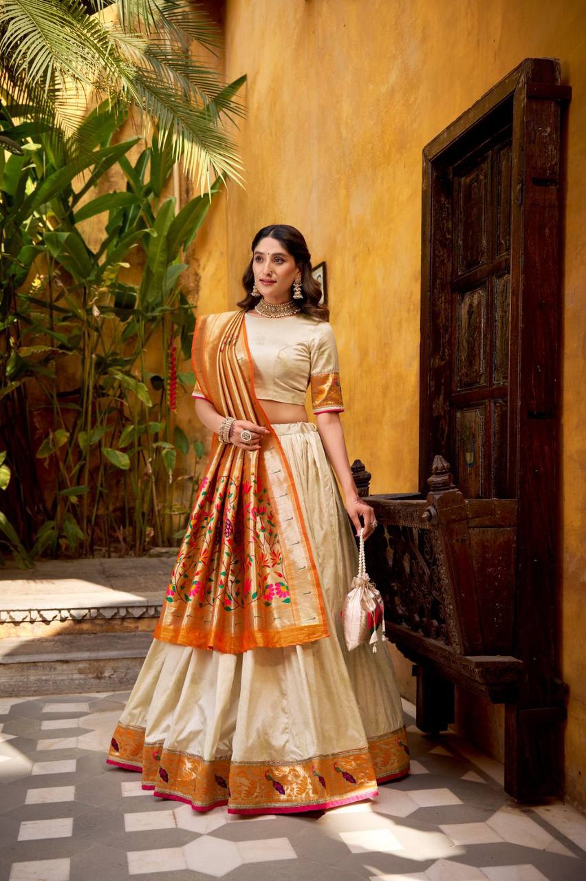 Silk Paithani Lehenga Choli – Zari Weaving with Lace Border, Jacquard Dupatta