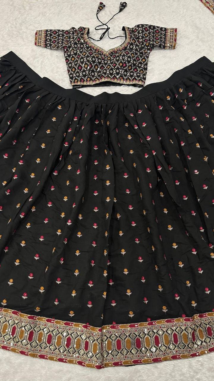 Black Poly Silk Lehenga Choli – Zari, Thread, Sequins & Dori Work with Net Dupatta