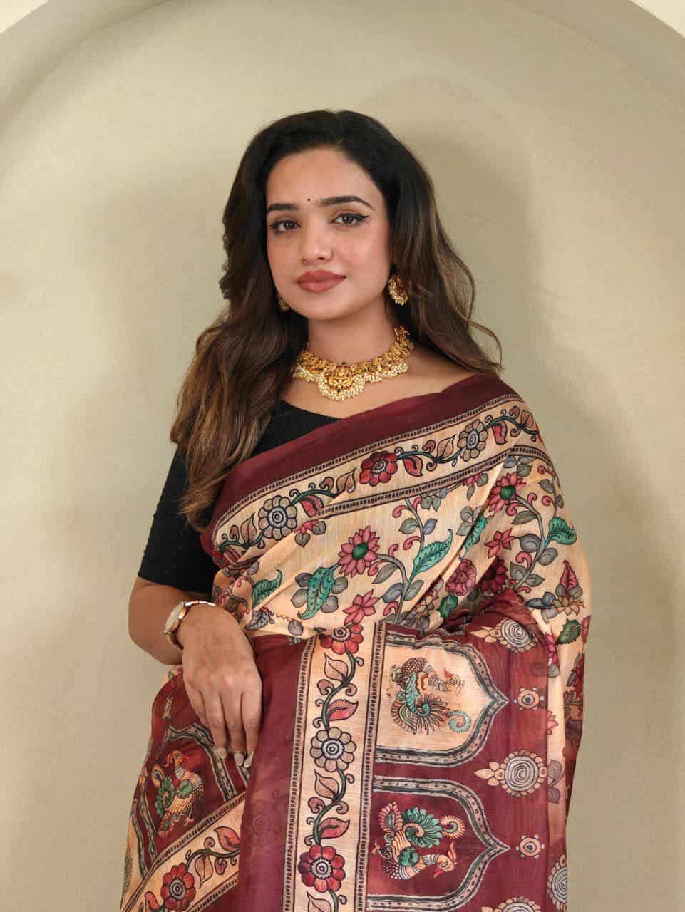 Pure Malai Cotton Saree – Digital Print with Kalamkari Patterns