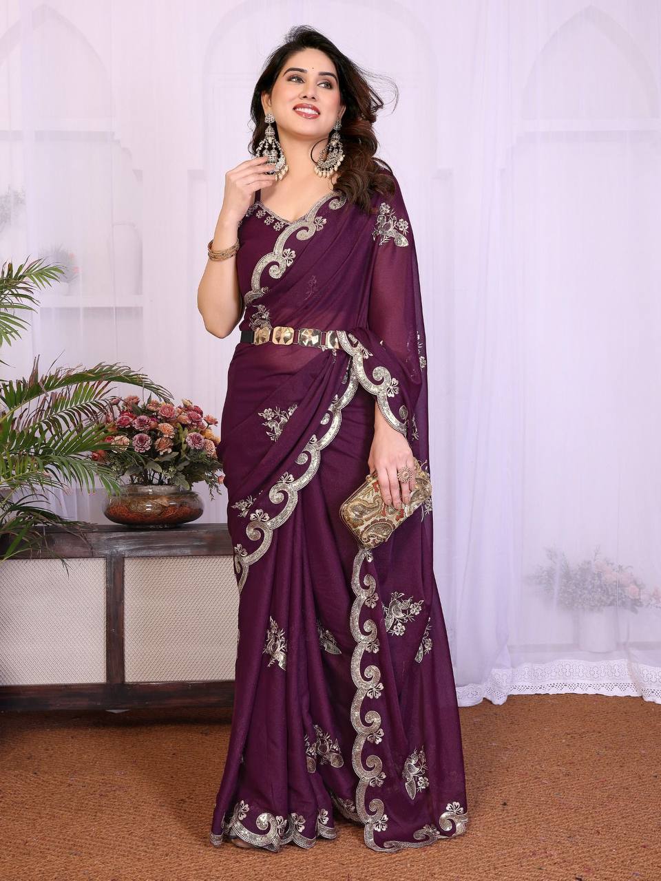 Exclusive Heavy Star Georgette Silk Saree – Sequins Embroidery Work with Matching Blouse