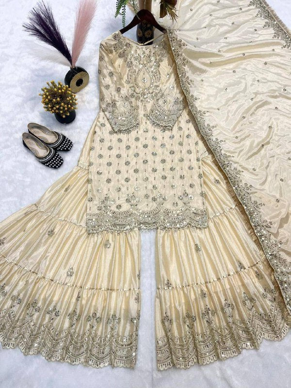 Premium Heavy Chinon Suit – 5MM Embroidery Sequins Work with Sarara Plazzo