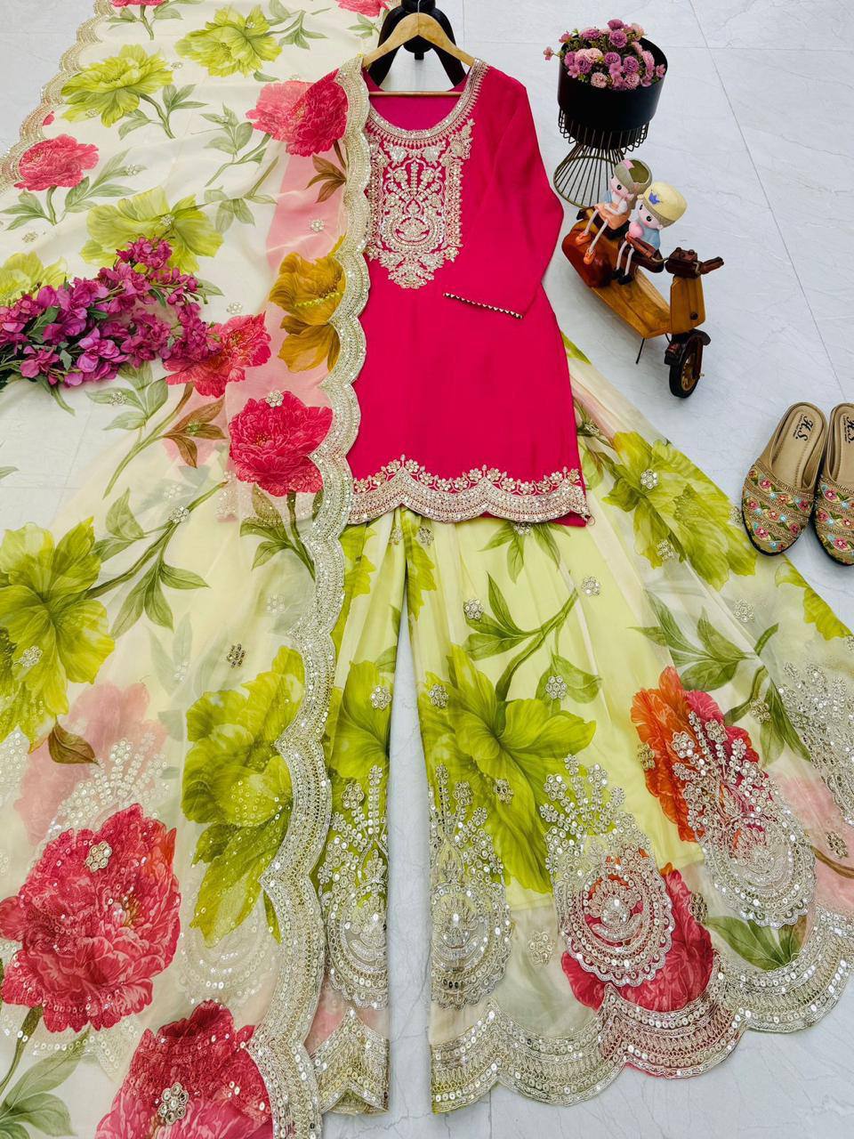 Heavy Chinon Party Top Pallazo & Dupatta Set – Coding Embroidery & Sequins Work