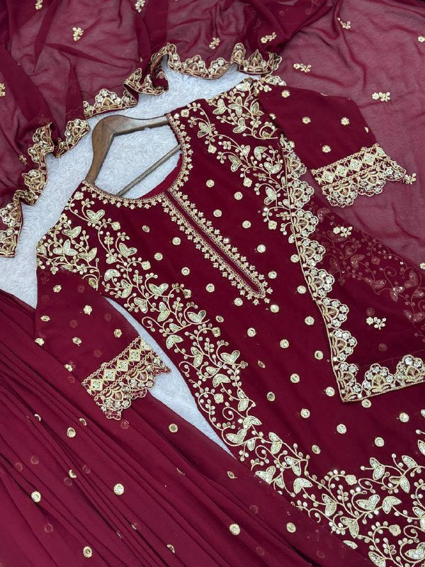 Heavy Faux Georgette Top Plazzo Set – Embroidery & Sequins Work with Dupatta