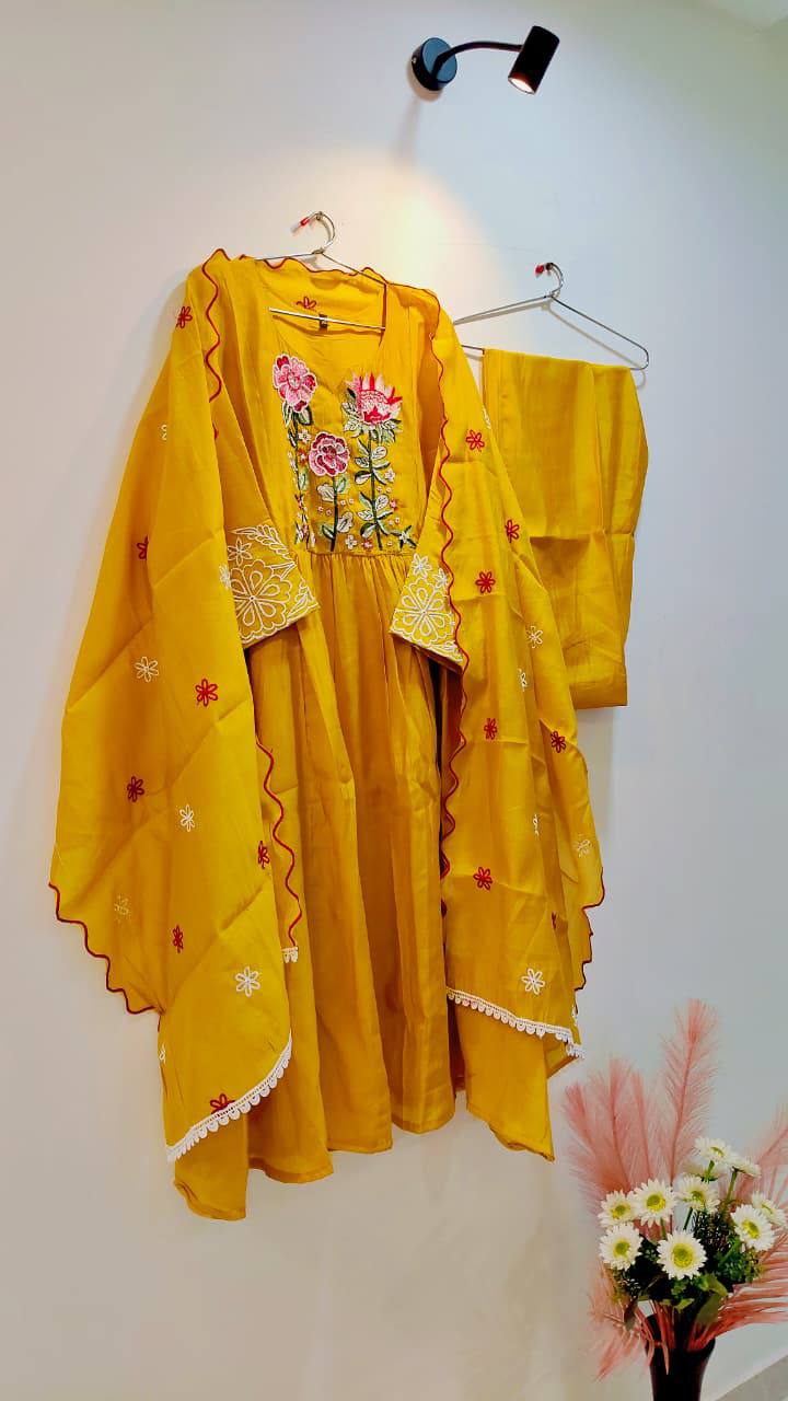 Heavy Mul Chanderi Silk Anarkali Suit Set – Resham Dhaga & Beads Embroidery