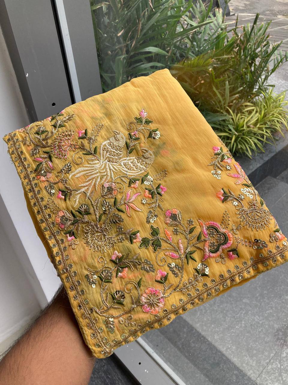 Haldi Special Moss Chiffon Saree – C‑Pallu Embroidery Butti
