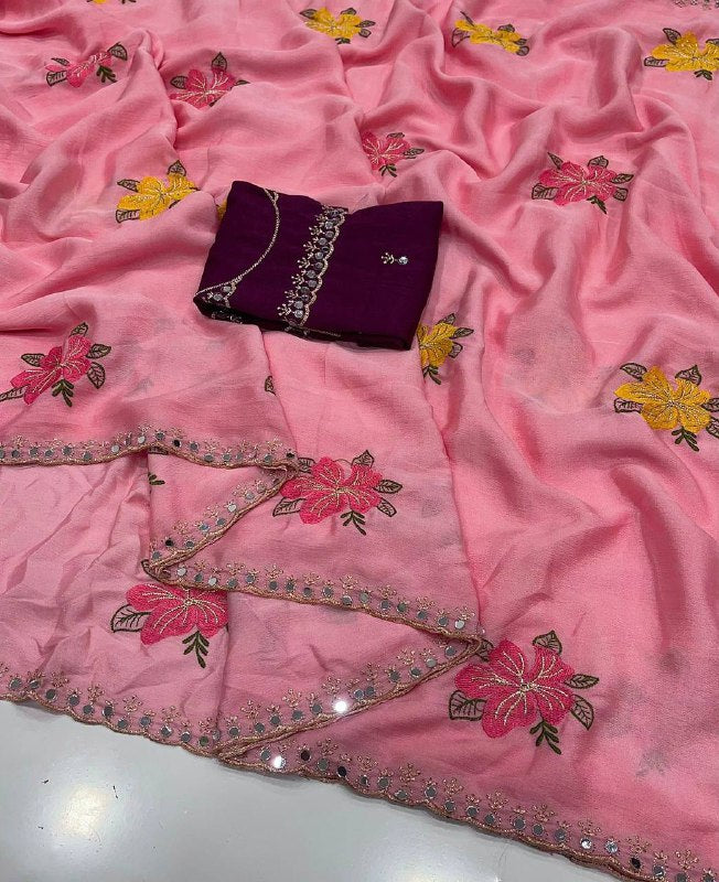 Soft Chinon Silk Saree – Embroidery & Mirror Work with Blouse
