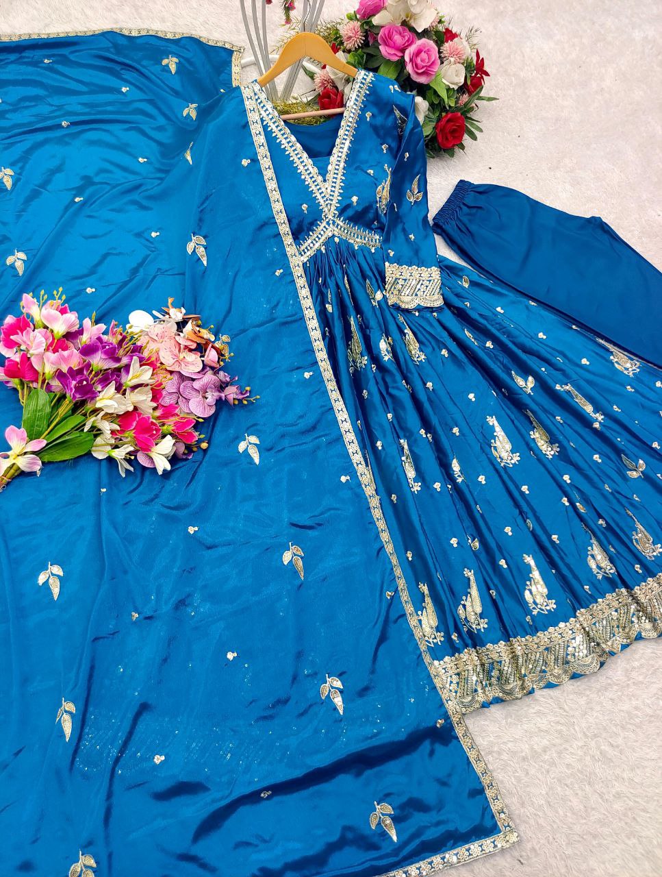 Aliya-Cut Gown, Pant & Dupatta Set – Fully Stitched and Ready to Wear