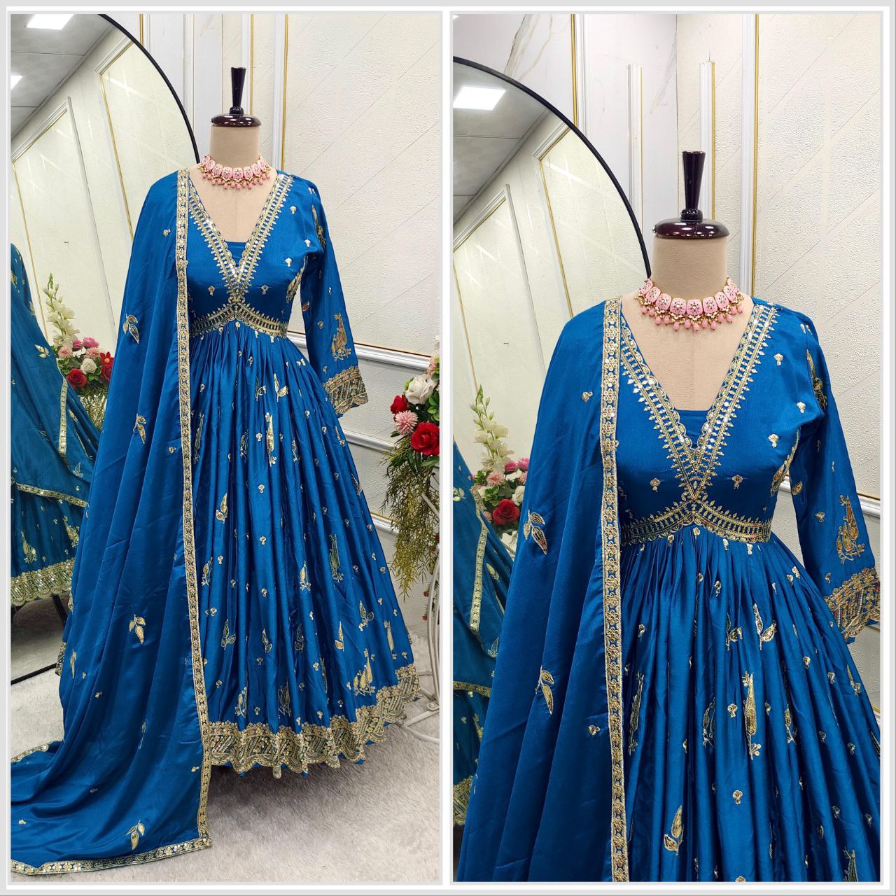 Aliya-Cut Gown, Pant & Dupatta Set – Fully Stitched and Ready to Wear