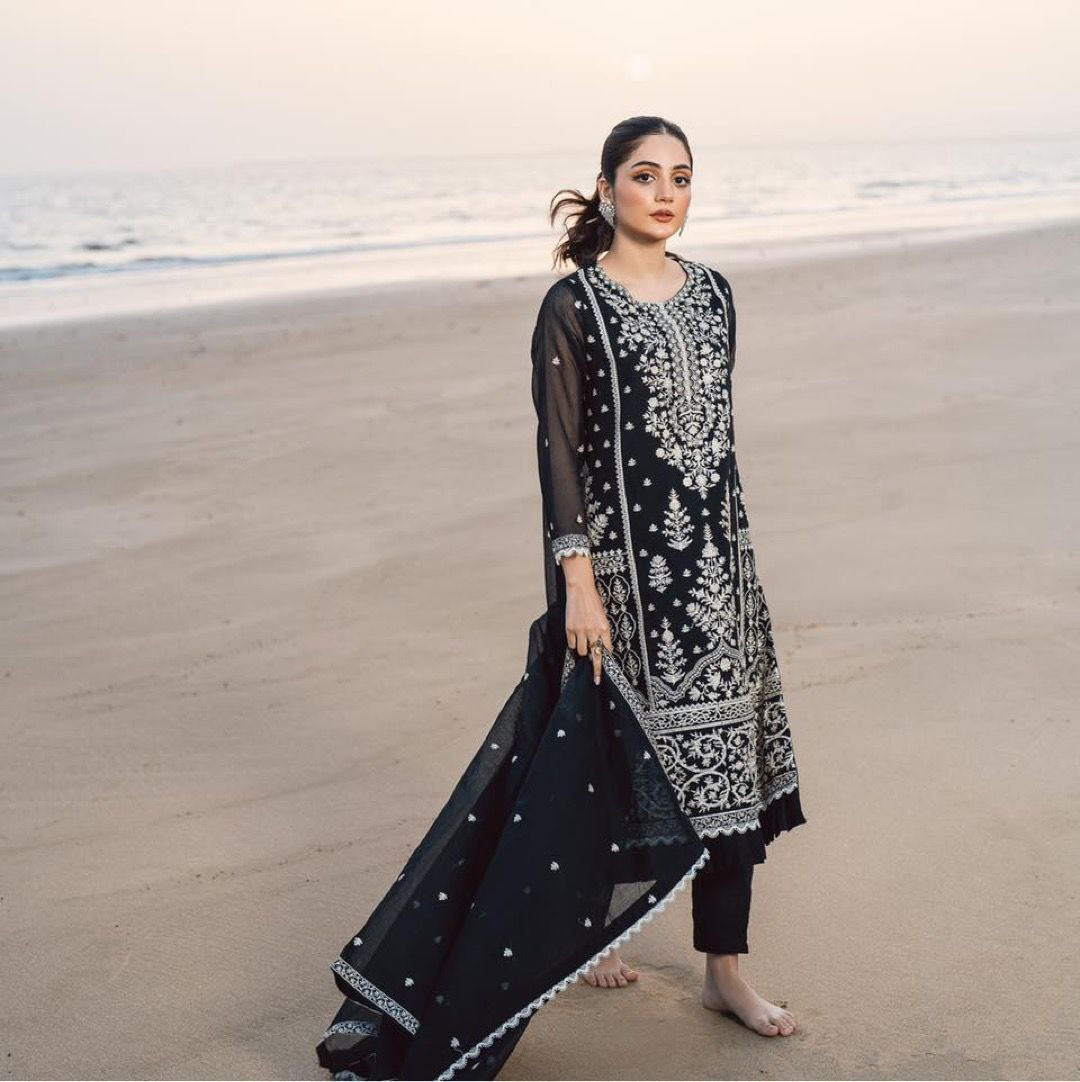 Designer Wear Trending Faux Georgette Top with Sequins Embroidered Work, Pant, and Dupatta