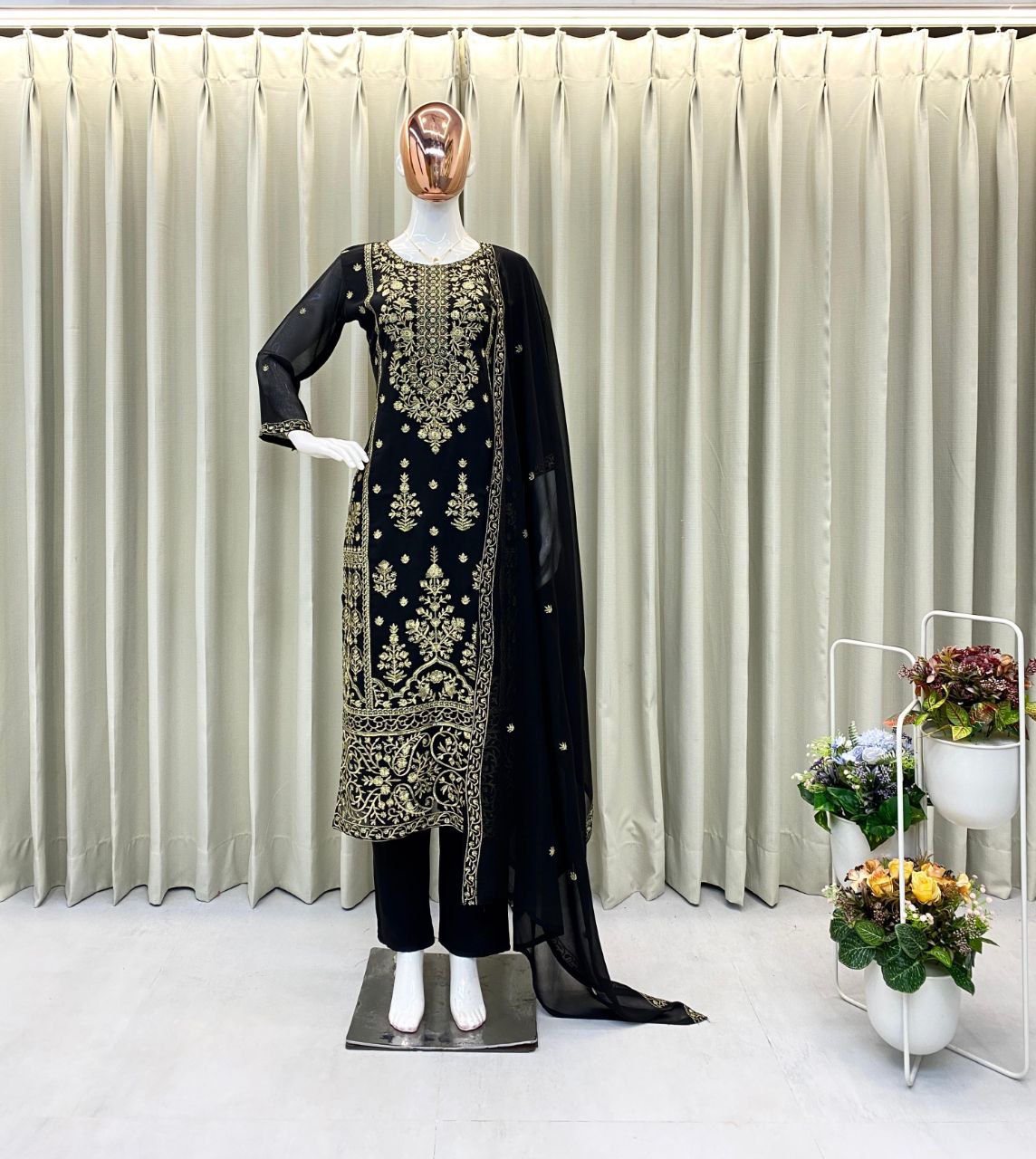 Designer Wear Trending Faux Georgette Top with Sequins Embroidered Work, Pant, and Dupatta
