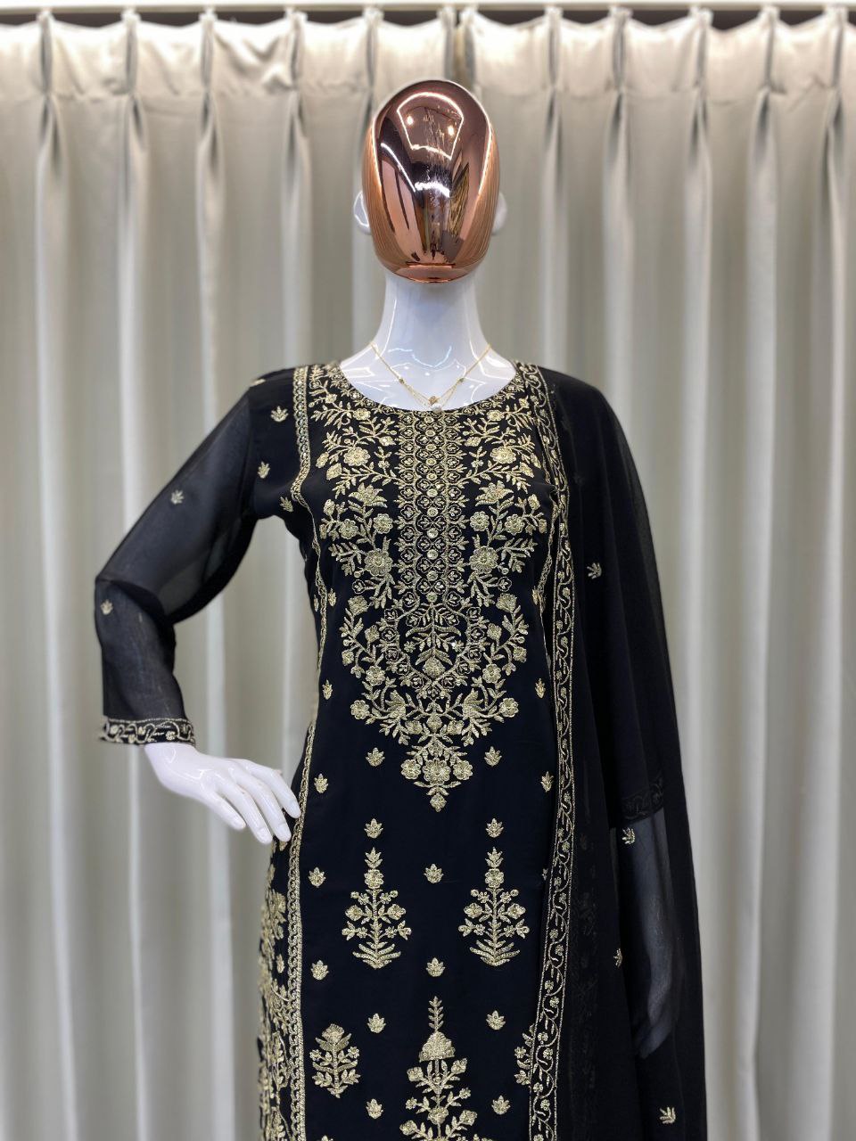 Designer Wear Trending Faux Georgette Top with Sequins Embroidered Work, Pant, and Dupatta