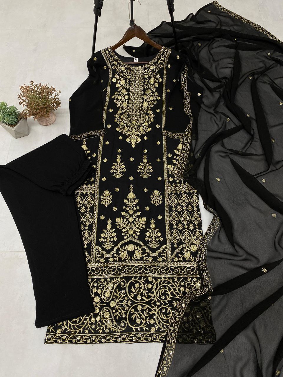 Designer Wear Trending Faux Georgette Top with Sequins Embroidered Work, Pant, and Dupatta