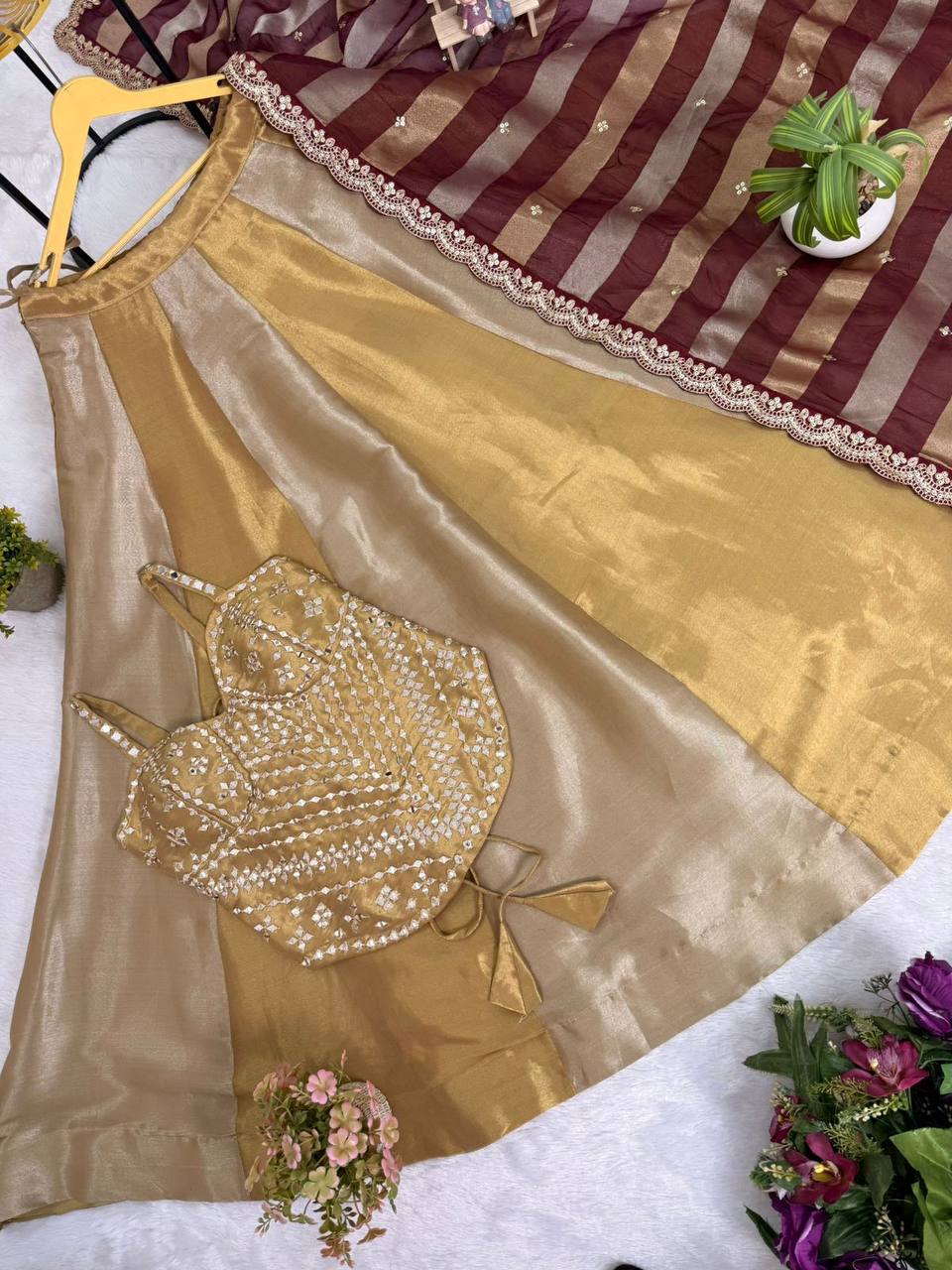 Banarasi Viscose Bridal Lehenga Set – Mirror Handwork Blouse & Embroidered Silk Dupatta