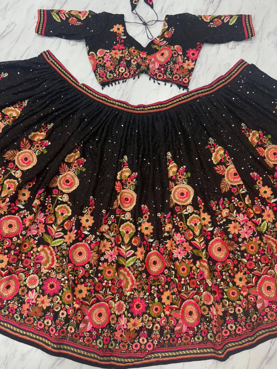 Premium Faux Georgette Lehenga Set – Heavy Thread Embroidery & Sequins Work with Dupatta