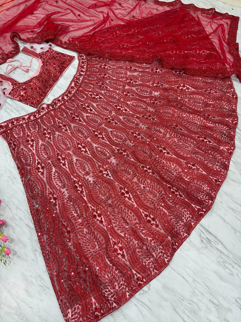Premium Net Lehenga Set – Thread Embroidery, Coding & Sequins Work with Dupatta